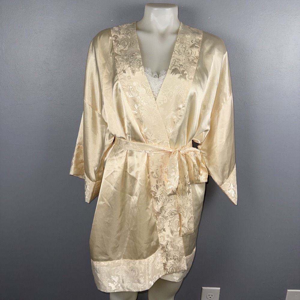Vintage Victoria's Secret Gold Label Robe Ivory Satin Jacquard Kimono Floral